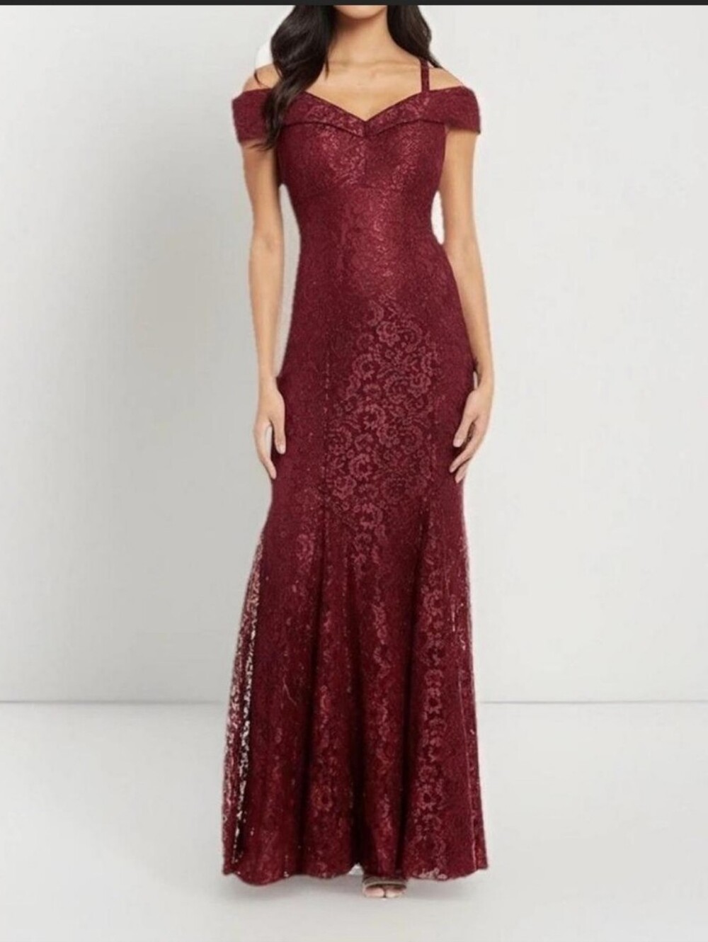R & M Richards Burgundy‎ Off-The-Shoulder Lace Gown mother of the dress 12